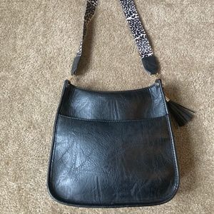 Black Leather Purse with Removable and Adjustable Leopard Print Strap